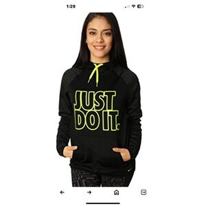 Nike Women Therma Fit just Do It Pullover Hoodie Size Medium W/ Neon Green Trim
